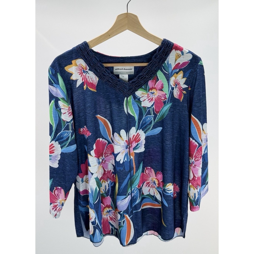 Alfred Dunner V Neck Floral 3/4 Inch Sleeve Navy Blue Shirt Petite Large PL